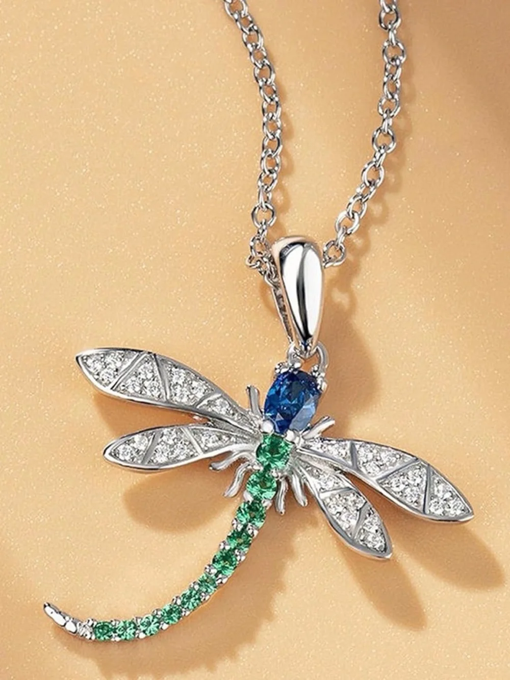 Blue & Green Crystal Dragonfly Necklace - NIB - Picture 2 of 8